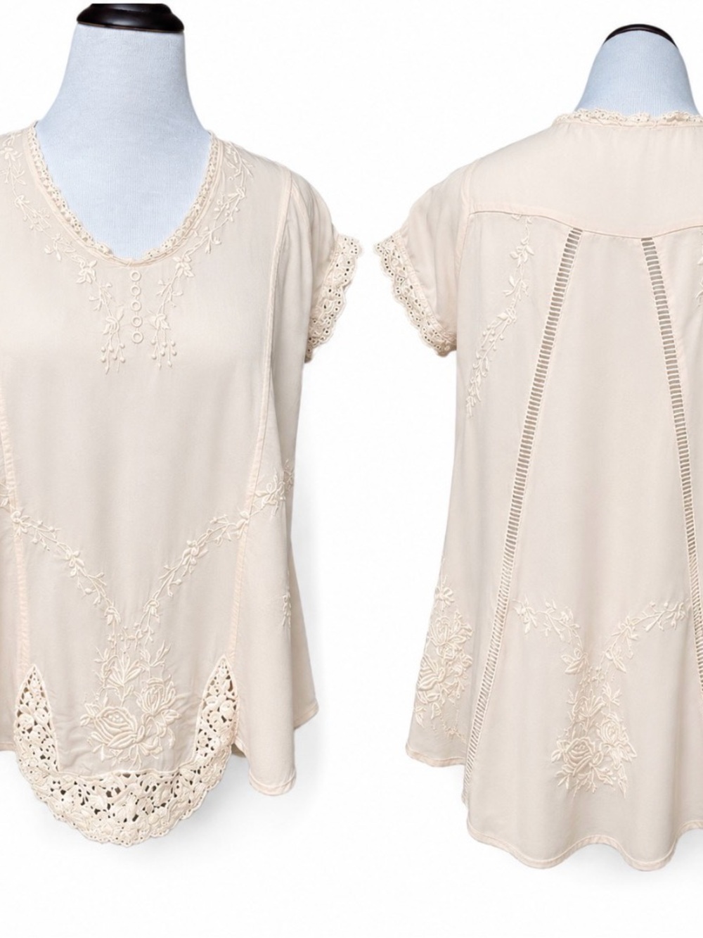 Johnny Was blush pink swing tunic Top Embroidered floral lace feminine Boho XS - Picture 4 of 8